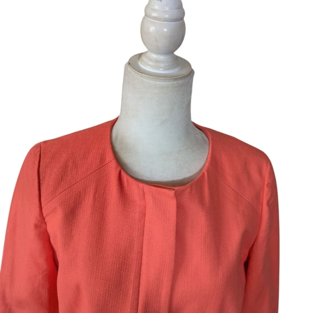 J. Crew Hidden Front Zip Long Collarless Orange Apricot Cotton Coat Jacket Sz 6